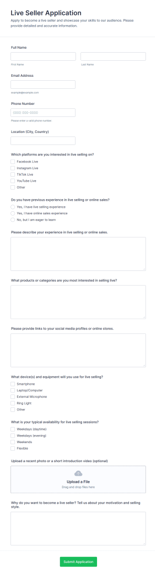 Live Seller Application Form Template