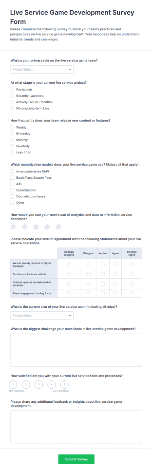 Live Service Game Development Survey Form Template