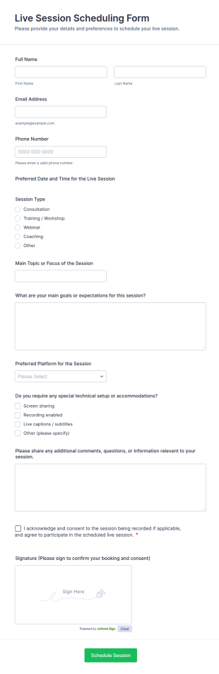 Live Session Scheduling Form Template