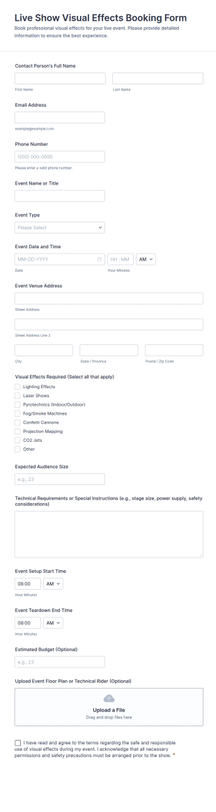 Live Show Visual Effects Booking Form Template