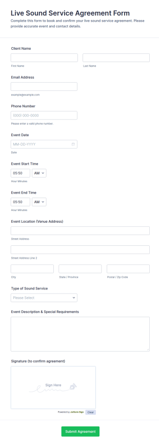 Live Sound Service Agreement Form Template