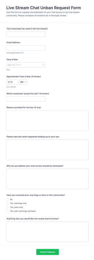 Live Stream Chat Unban Request Form Template