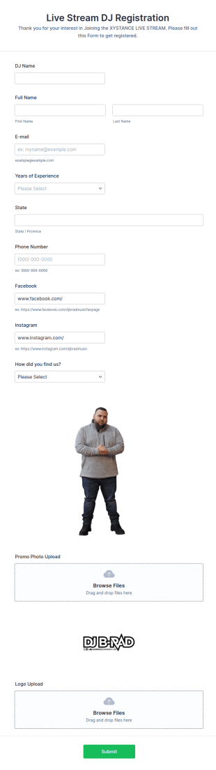 Live Stream DJ Registration Form Template