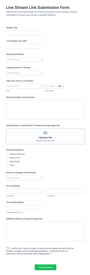 Live Stream Link Submission Form Template