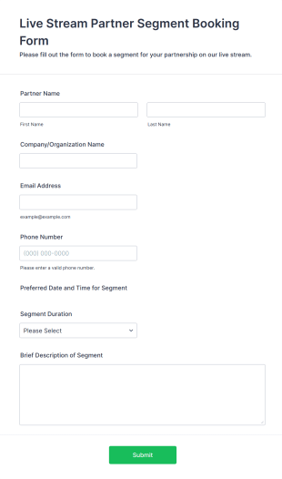 Live Stream Partner Segment Booking Form Template