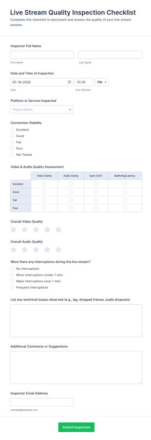 Live Stream Quality Inspection Checklist Form Template