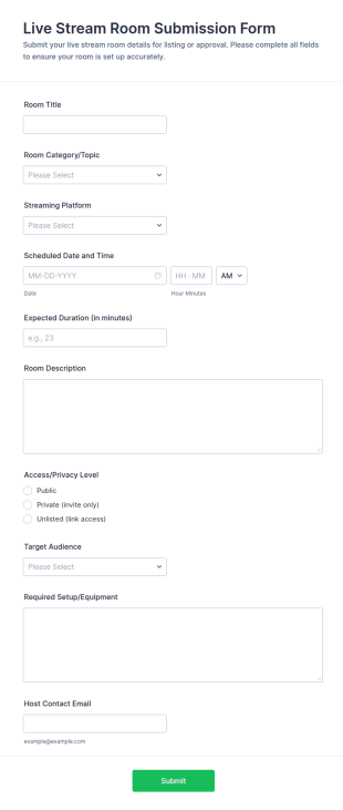 Live Stream Room Submission Form Template