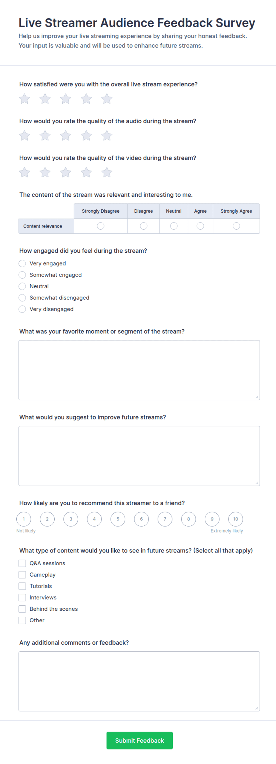 Live Streamer Audience Feedback Survey Form Template | Jotform