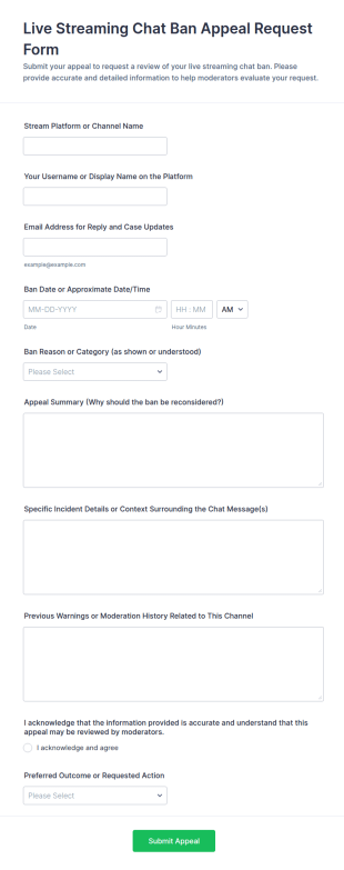 Live Streaming Chat Ban Appeal Request Form Template