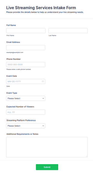 Live Streaming Services Intake Form Template