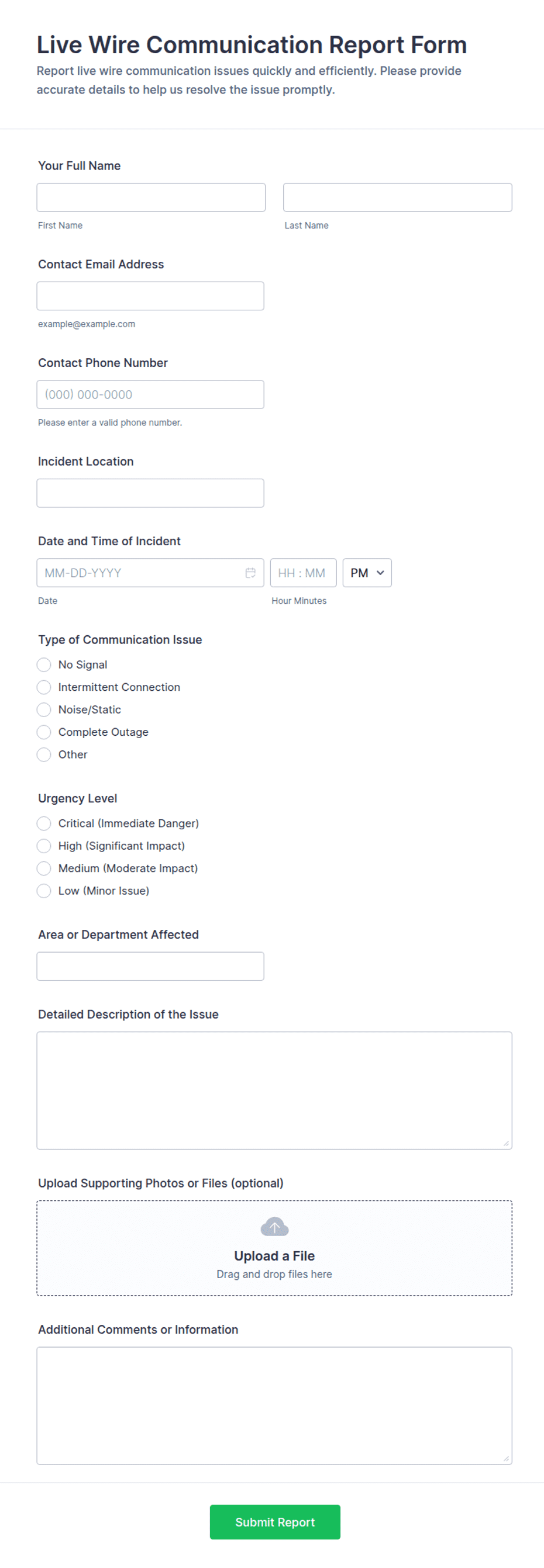 Live Wire Communication Report Form Template | Jotform