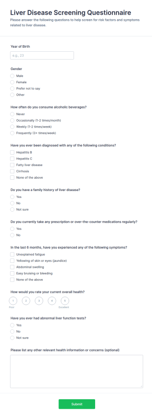 Liver Disease Screening Questionnaire Form Template