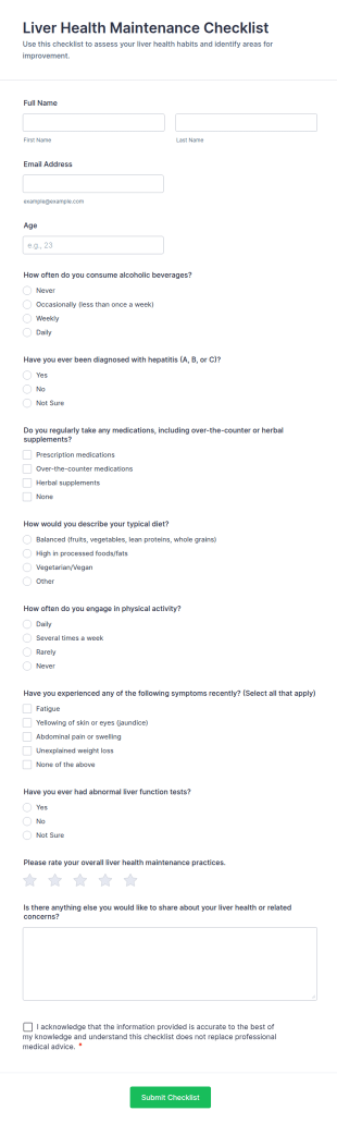 Liver Health Maintenance Checklist Form Template