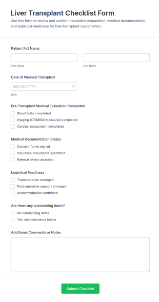 Liver Transplant Checklist Form Template
