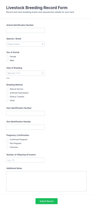 Livestock Breeding Record Form Template