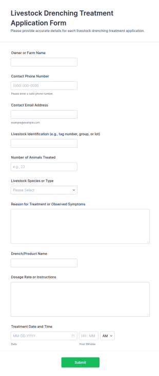 Livestock Drenching Treatment Application Form Template