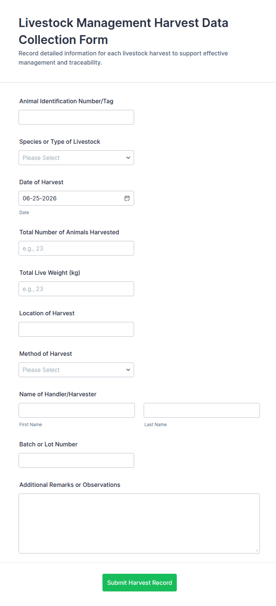 Livestock Harvest Data Collection Form Template | Jotform