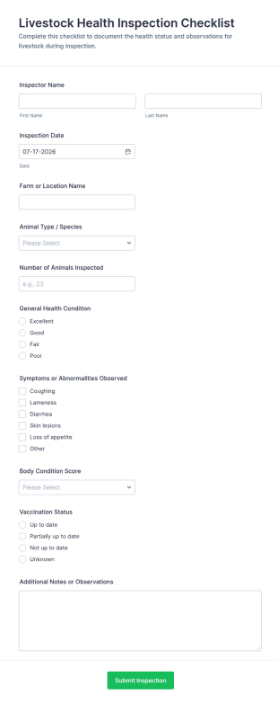 Livestock Health Inspection Form Template