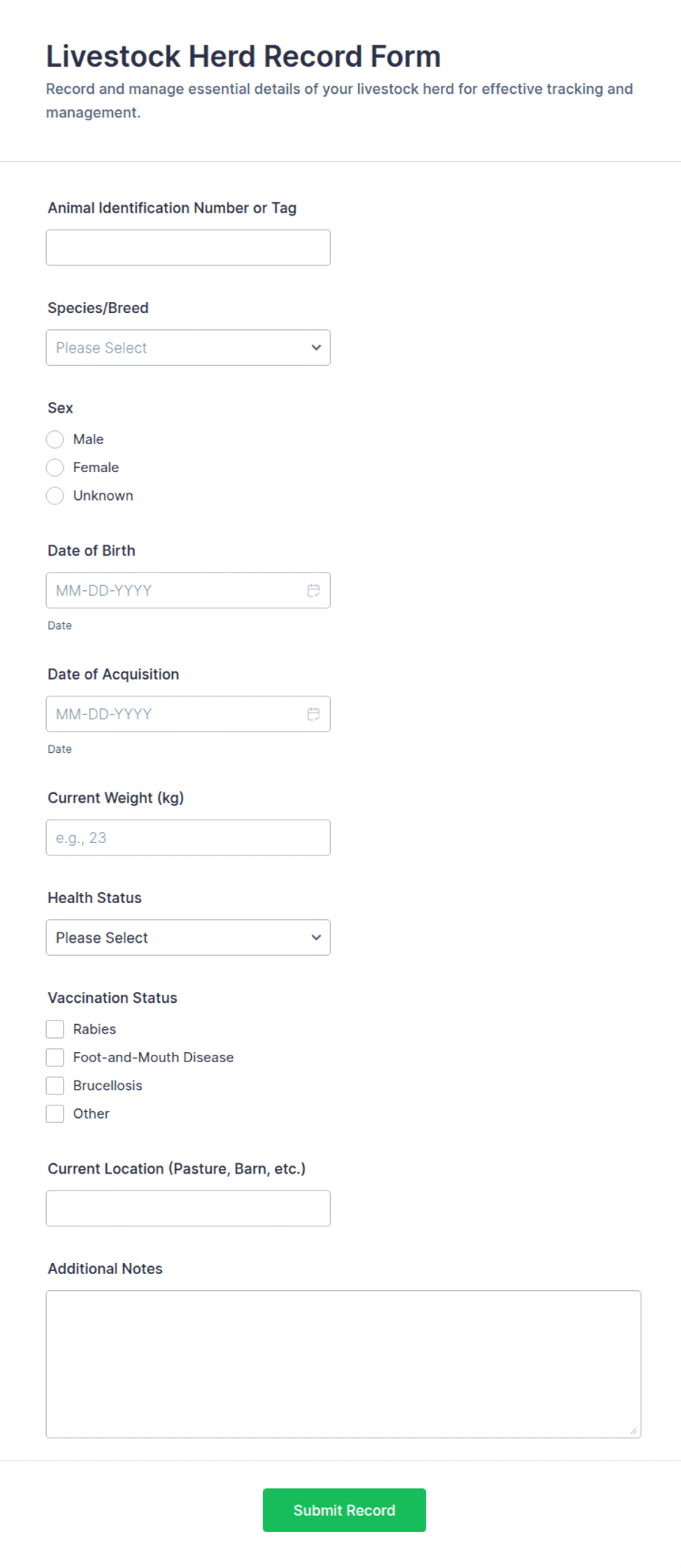 Livestock Herd Record Form Template | Jotform