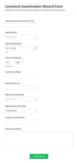 Livestock Insemination Record Form Template