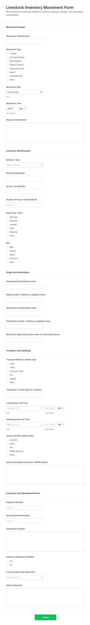 Livestock Inventory Movement Form Template