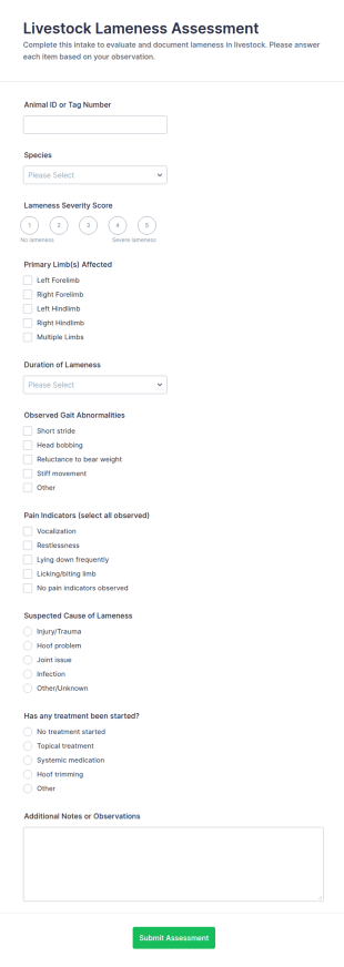 Livestock Lameness Assessment Form Template