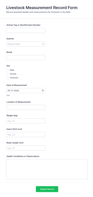 Livestock Measurement Record Form Template