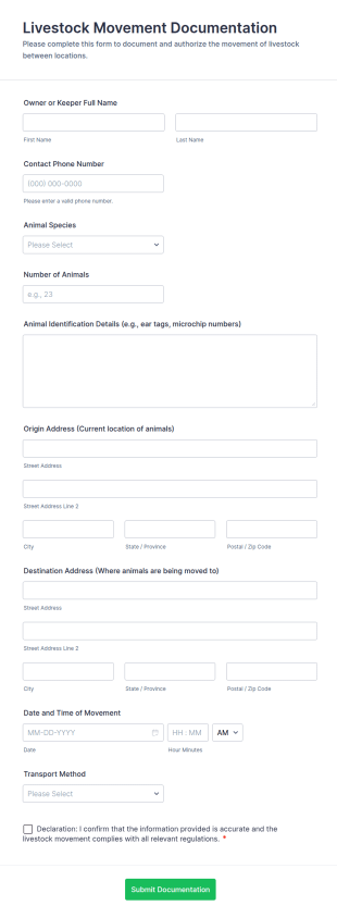 Livestock Movement Documentation Form Template