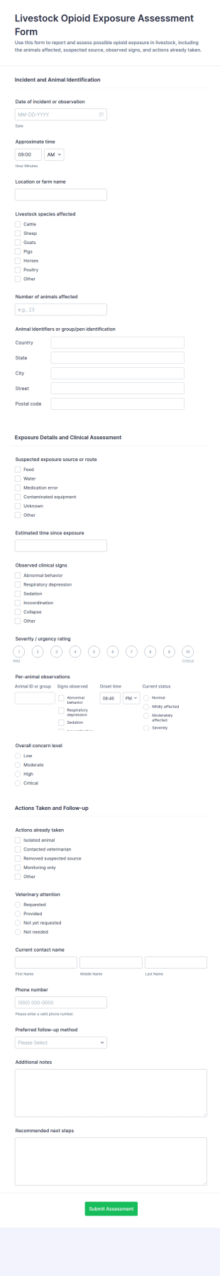 Livestock Opioid Exposure Assessment Form Template