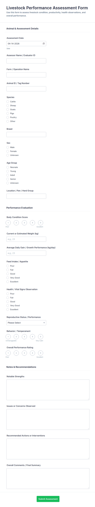 Livestock Performance Assessment Form Template
