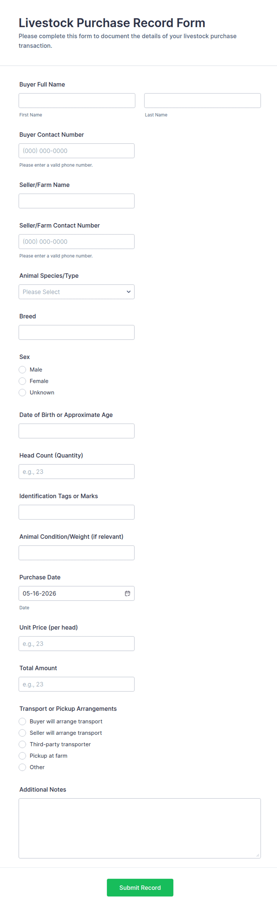 Livestock Purchase Record Form Template | Jotform