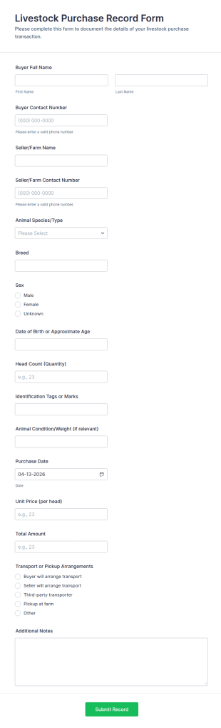 Livestock Purchase Record Form Template