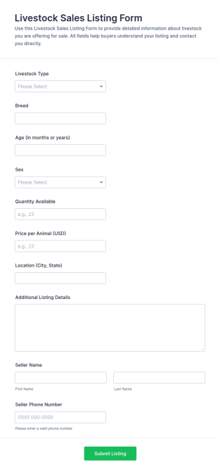 Livestock Sales Listing Form Template