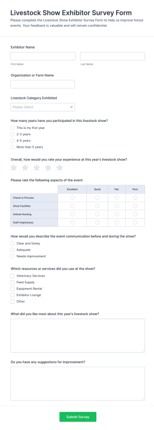 Livestock Show Exhibitor Survey Form Template