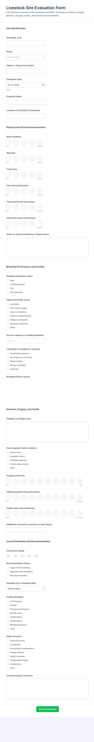 Livestock Sire Evaluation Form Template