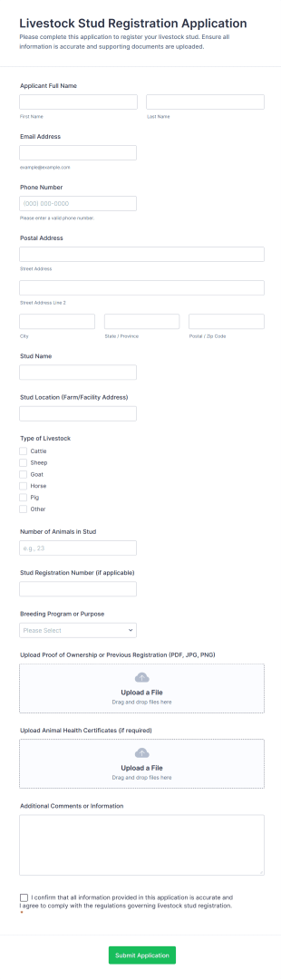 Livestock Stud Registration Application Form Template