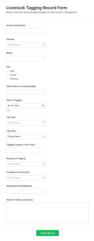Livestock Tagging Record Form Template