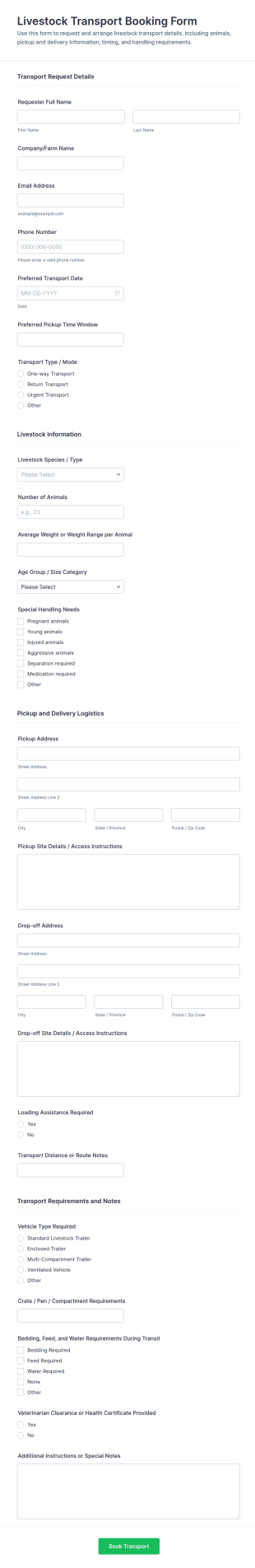 Livestock Transport Booking Form Template