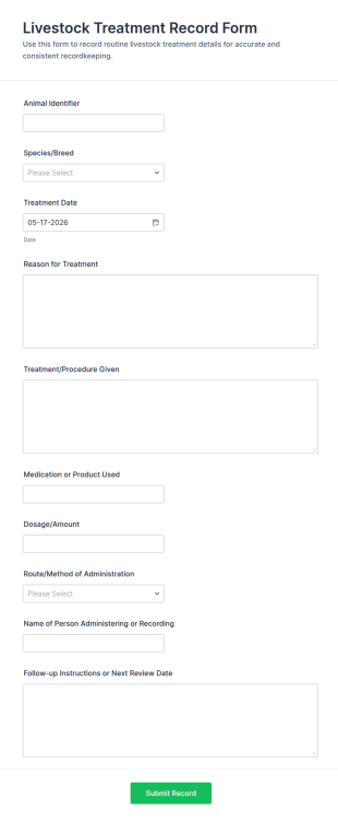 Livestock Treatment Record Form Template
