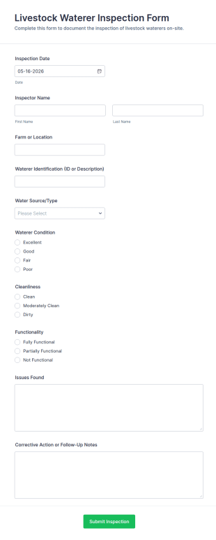 Livestock Waterer Inspection Form Template