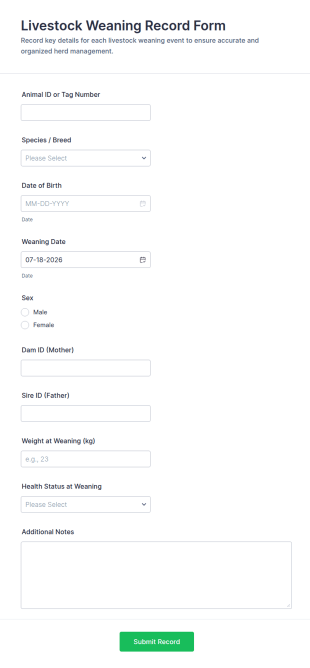 Livestock Weaning Record Form Template