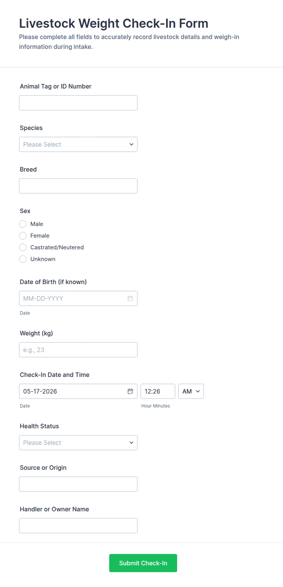 Livestock Weight Check-In Form Template | Jotform
