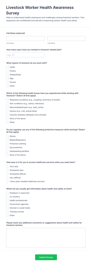 Livestock Worker Health Awareness Survey Form Template