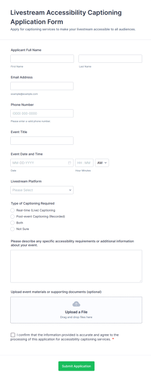 Livestream Accessibility Captioning Application Form Form Template