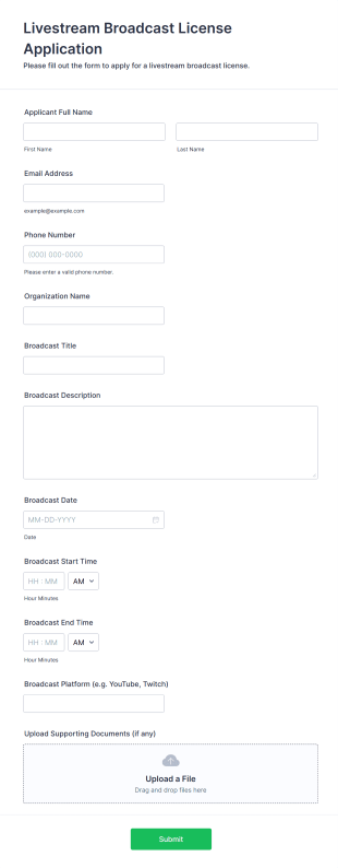 Livestream Broadcast License Application Form Template