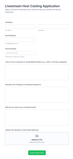Livestream Host Casting Application Form Template
