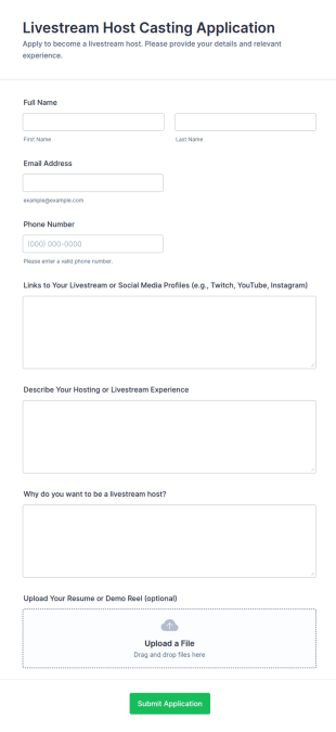 Livestream Host Casting Application Form Template