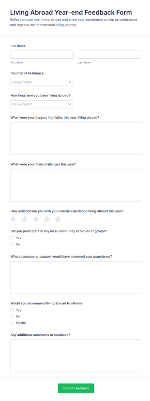 Living Abroad Year End Feedback Form Template