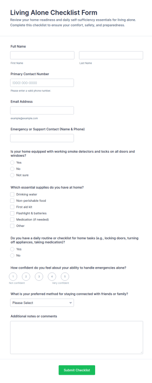 Living Alone Checklist Form Template