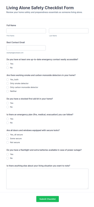 Living Alone Safety Checklist Form Template